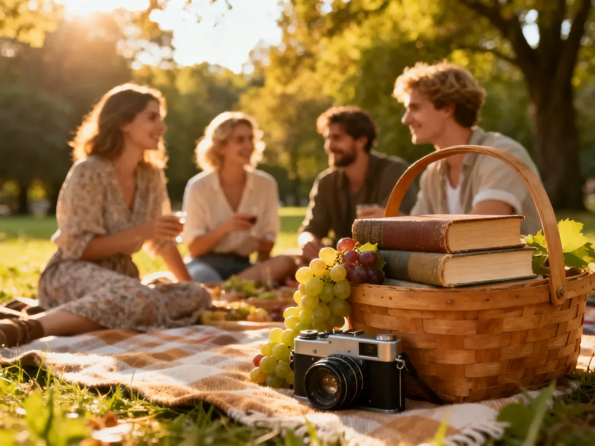 Grupa osób odpoczywa na pikniku w parku wśród książek i owoców, tworząc inspirującą atmosferę kulturalnego spotkania.