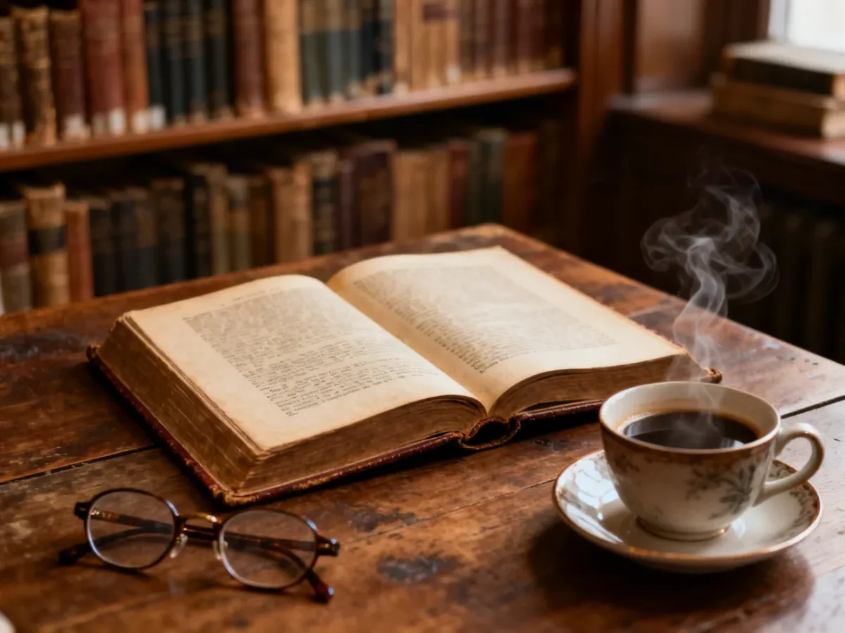 Otwarta biografia na drewnianym biurku z okularami i filiżanką kawy w klimatycznej bibliotecznej scenerii.