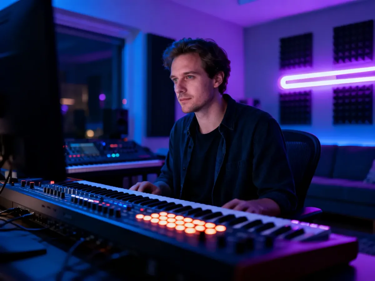 Producent muzyczny przy pracy w nowoczesnym studiu nagraniowym z syntezatorem i podświetlanym panelem mikserskim.