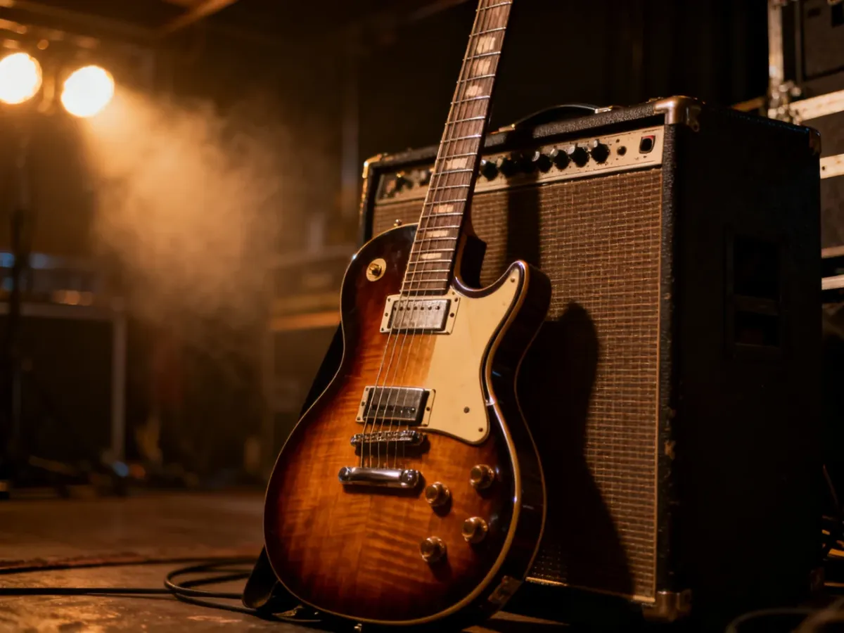 Elektryczna gitara oparta o wzmacniacz w klimatycznym, zaciemnionym pomieszczeniu, nawiązująca do historii muzyki rockowej.