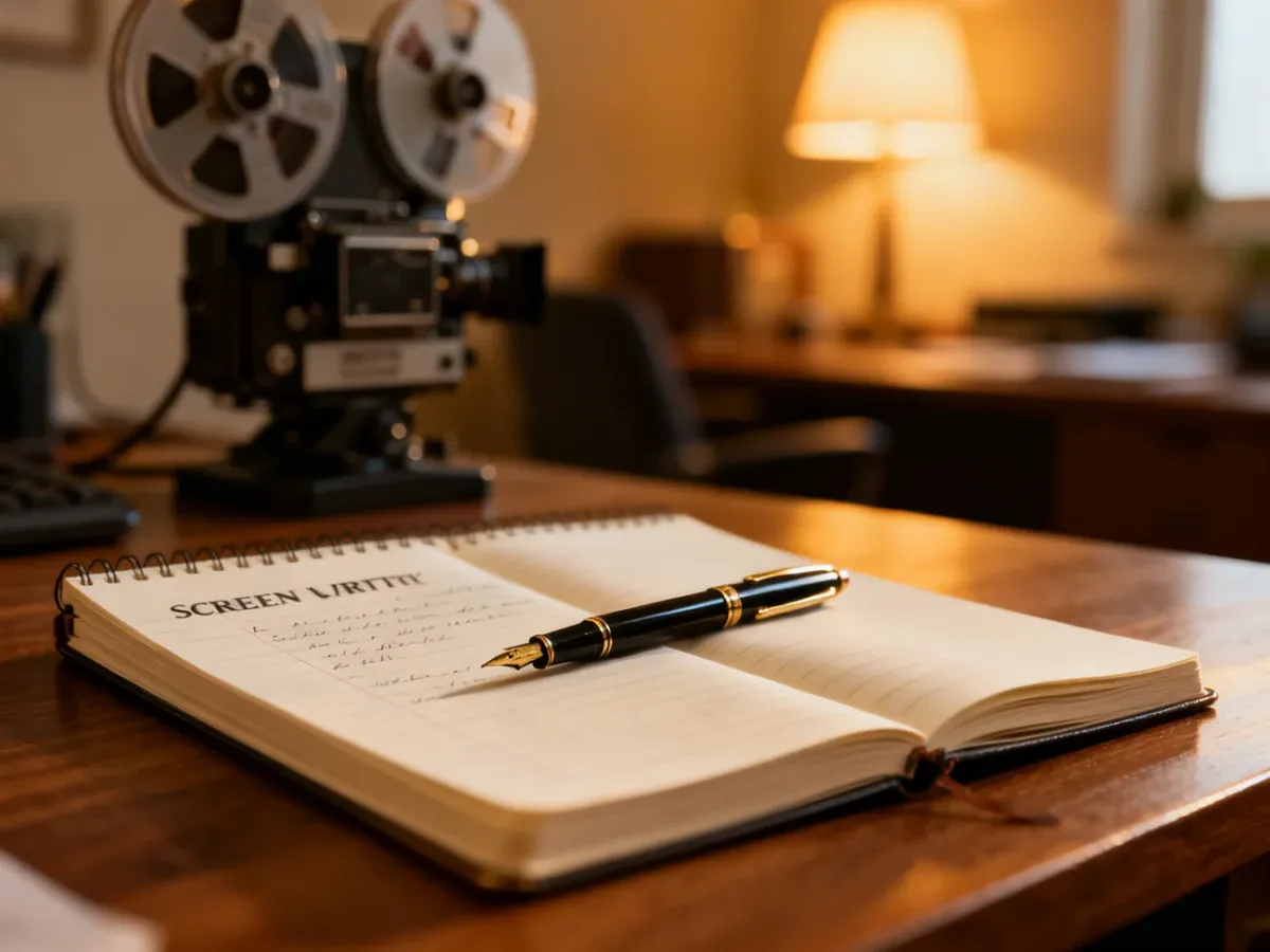Otwarty notes scenarzysty z piórem na drewnianym biurku w przytulnym gabinecie z kamerą filmową w tle.