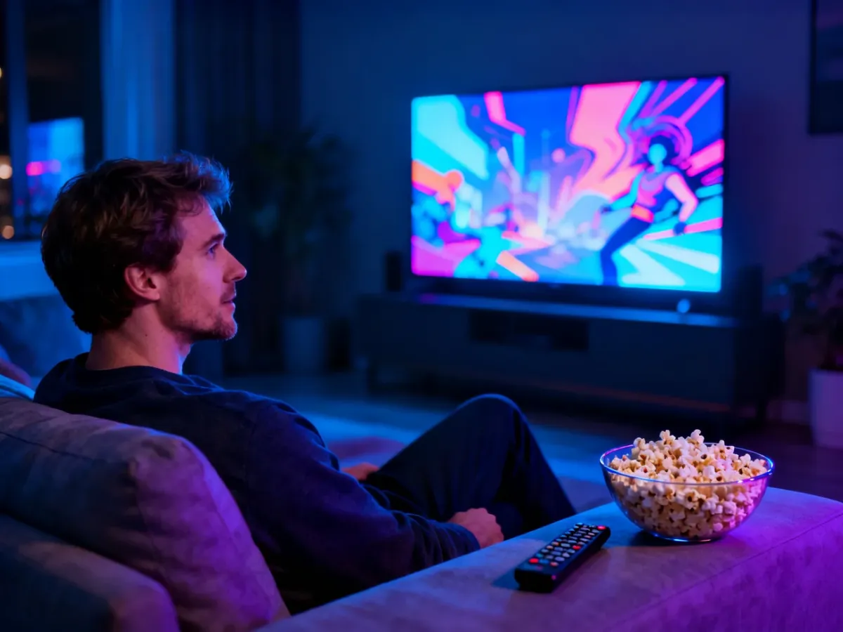 Mężczyzna relaksujący się na kanapie przed telewizorem z włączoną animacją w nastrojowym, nowoczesnym salonie.