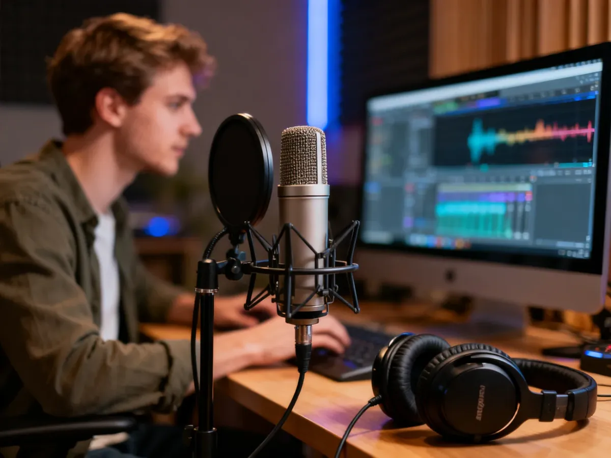 Profesjonalne domowe studio nagrań z mikrofonem, słuchawkami i osobą edytującą dźwięk na komputerze.