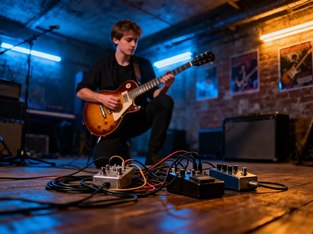 Młody muzyk grający na gitarze elektrycznej w klimatycznym studiu nagraniowym z neonowym oświetleniem.