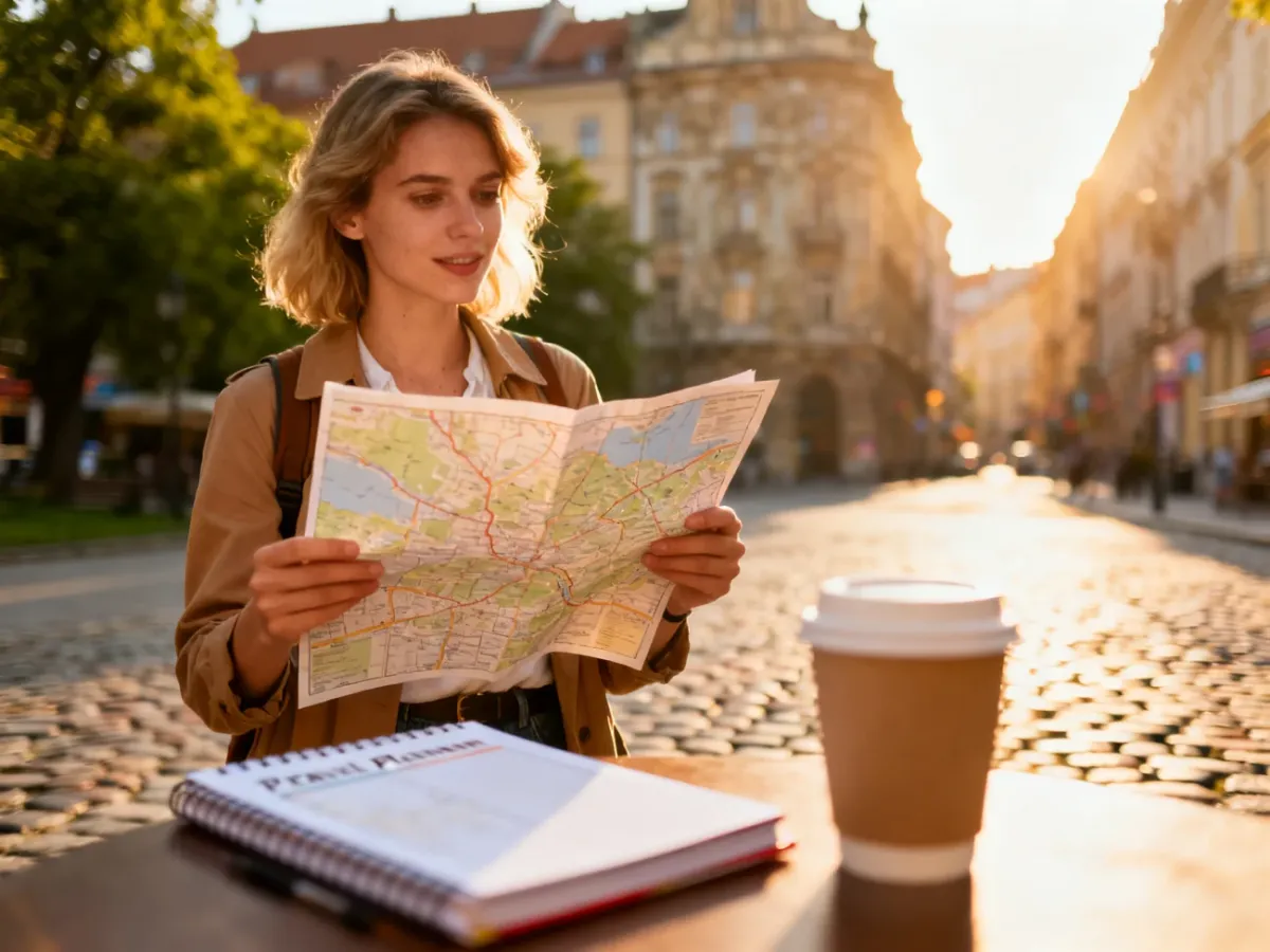 Stylowa kobieta z mapą na tle zabytkowego miasta, obok notatnik podróżnika i kawa – idealna inspiracja do planowania weekendu.