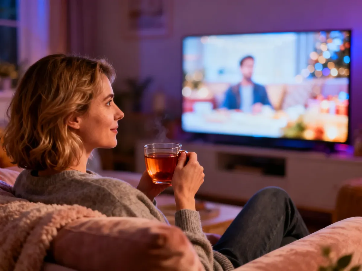 Kobieta odpoczywająca na kanapie z kubkiem herbaty przed telewizorem, tworząca przytulną atmosferę podczas oglądania seriali.