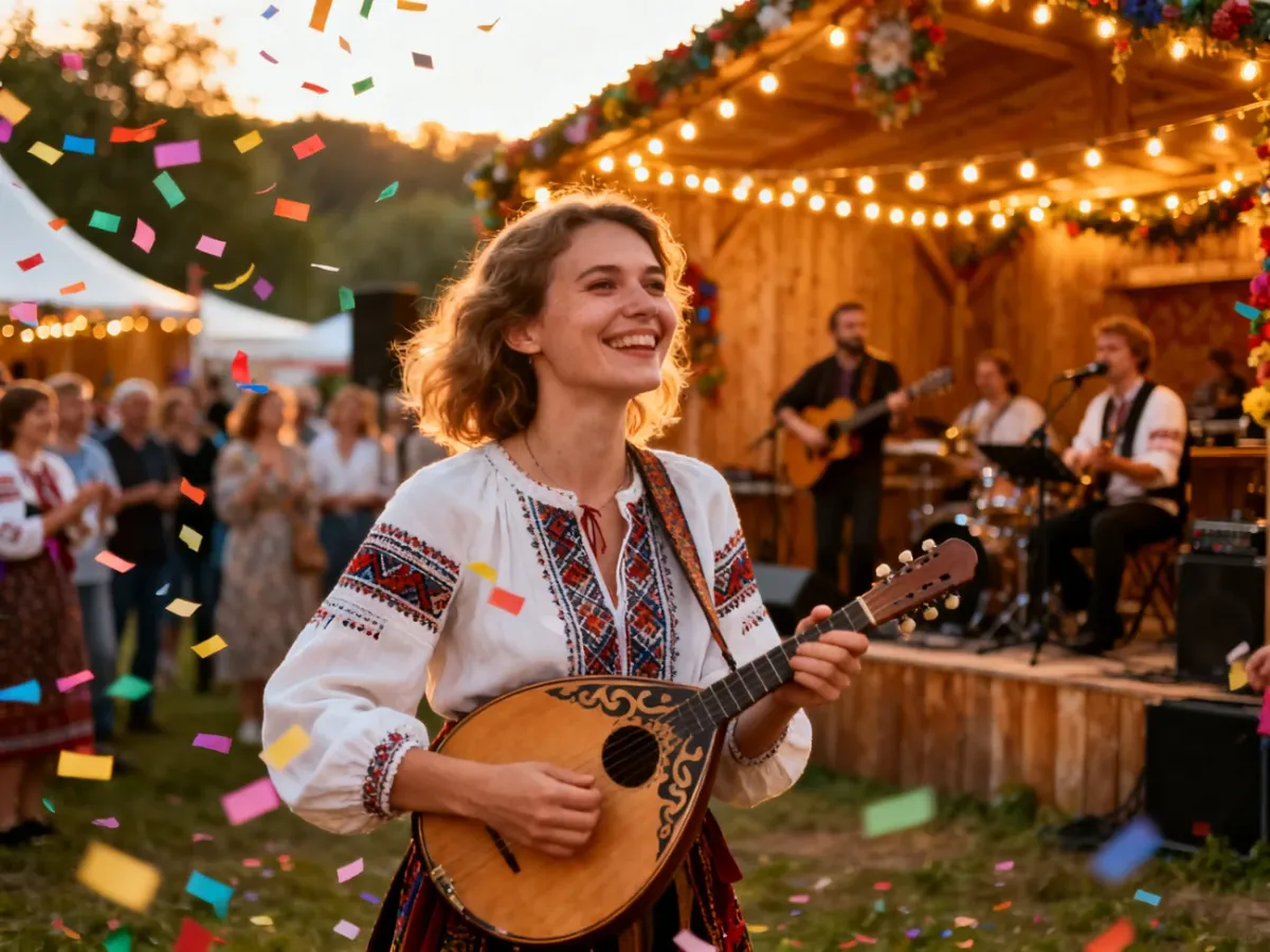 Uśmiechnięta kobieta z instrumentem ludowym na tle kolorowego festiwalu kulturalnego z muzyką na żywo.
