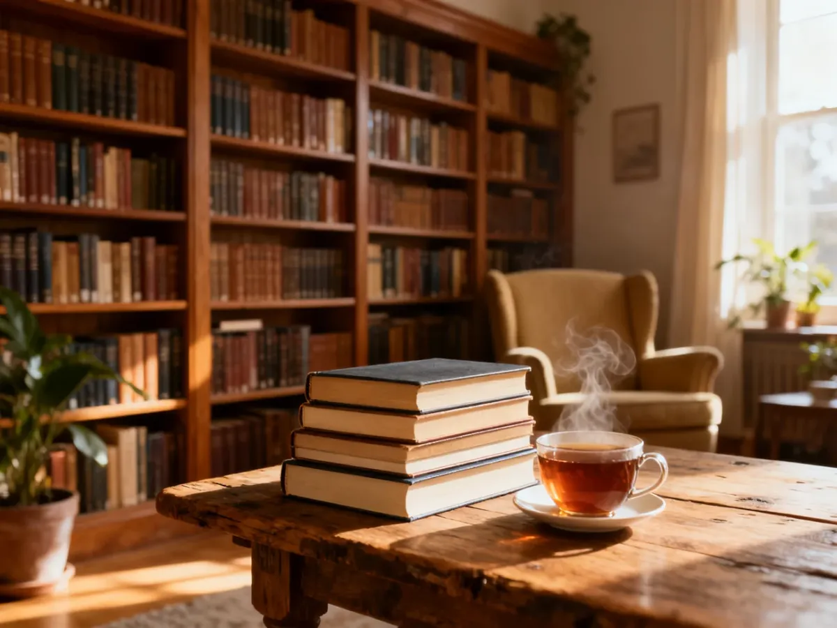 Przytulna domowa biblioteczka z uporządkowanymi książkami, wygodnym fotelem i filiżanką herbaty w ciepłym świetle.