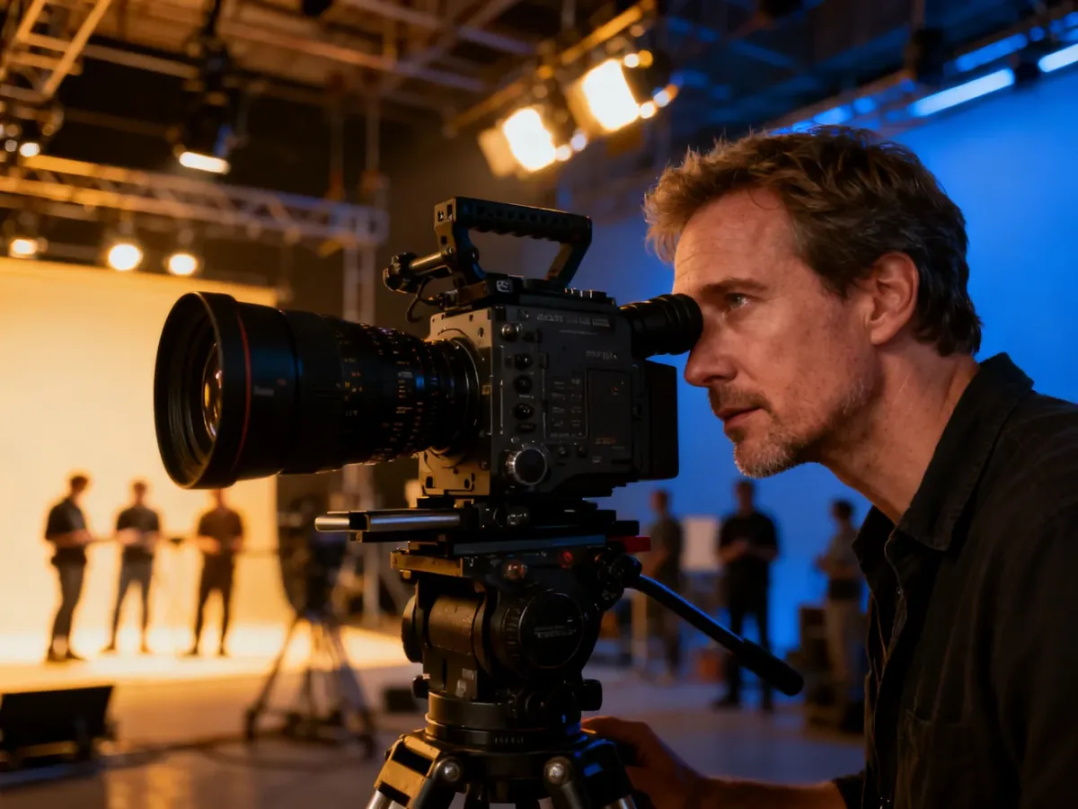 Reżyser filmowy spoglądający przez obiektyw profesjonalnej kamery na planie zdjęciowym w otoczeniu ekipy technicznej.