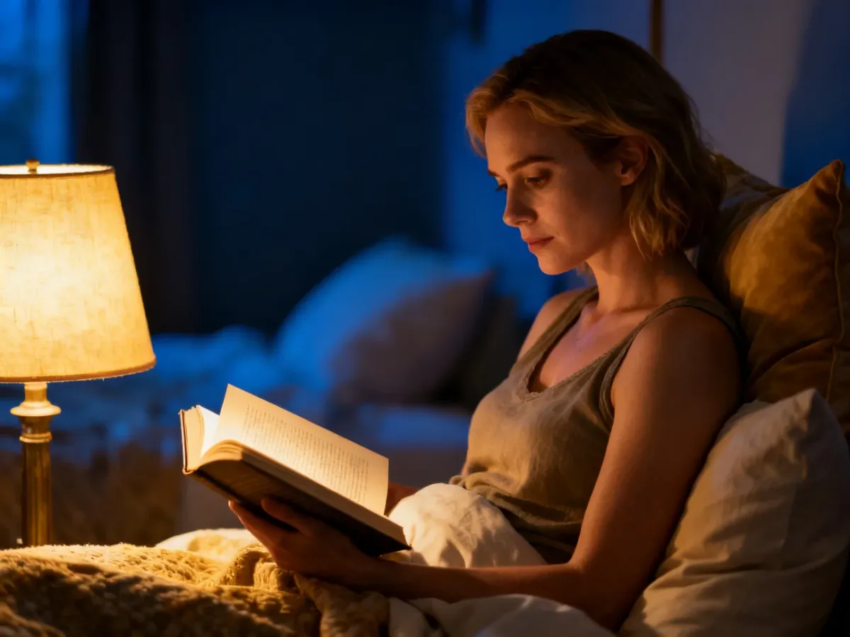 Kobieta czytająca książkę w przytulnej sypialni przy ciepłym świetle lampki nocnej, tworząca atmosferę relaksu przed snem.