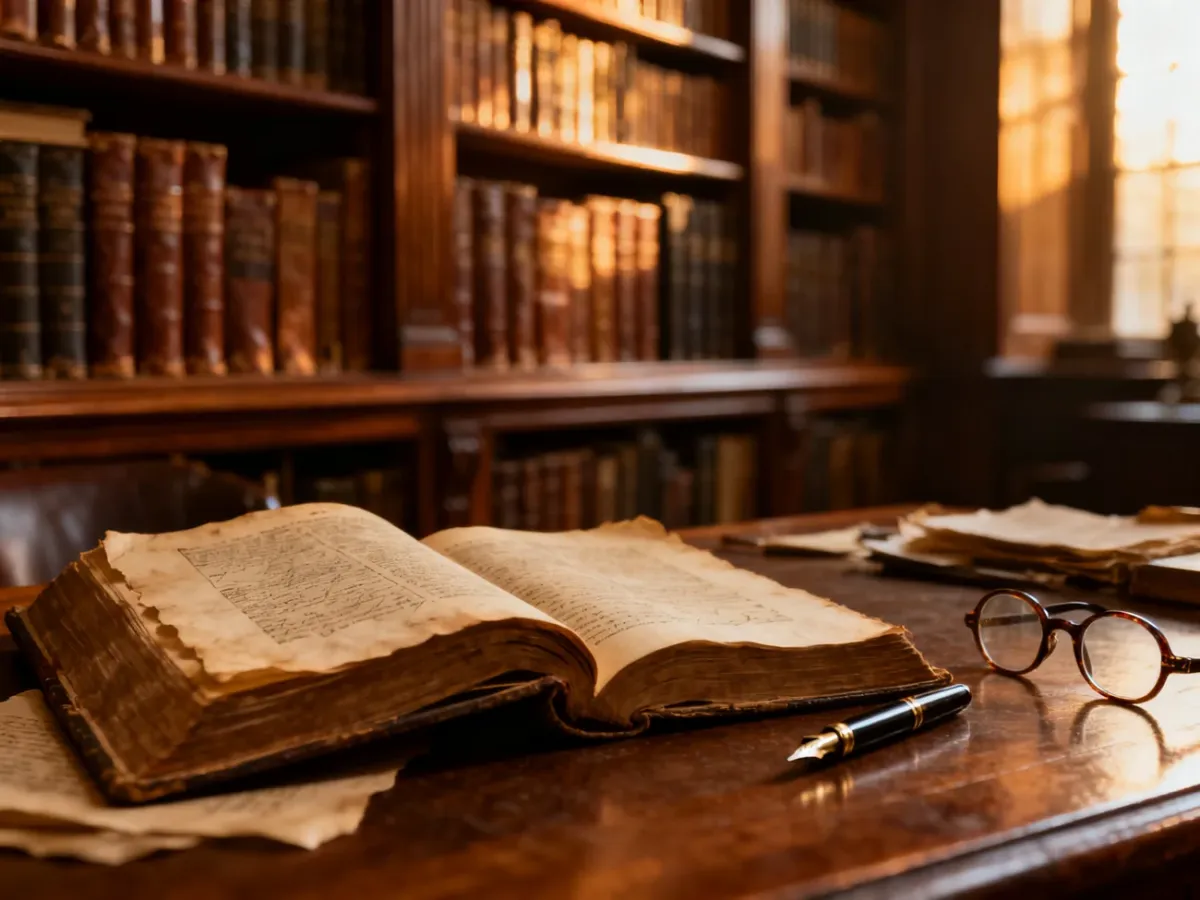 Otwarte zabytkowe księgi, pióro i okulary na drewnianym biurku w klimatycznej bibliotece, nawiązujące do świata literatury.