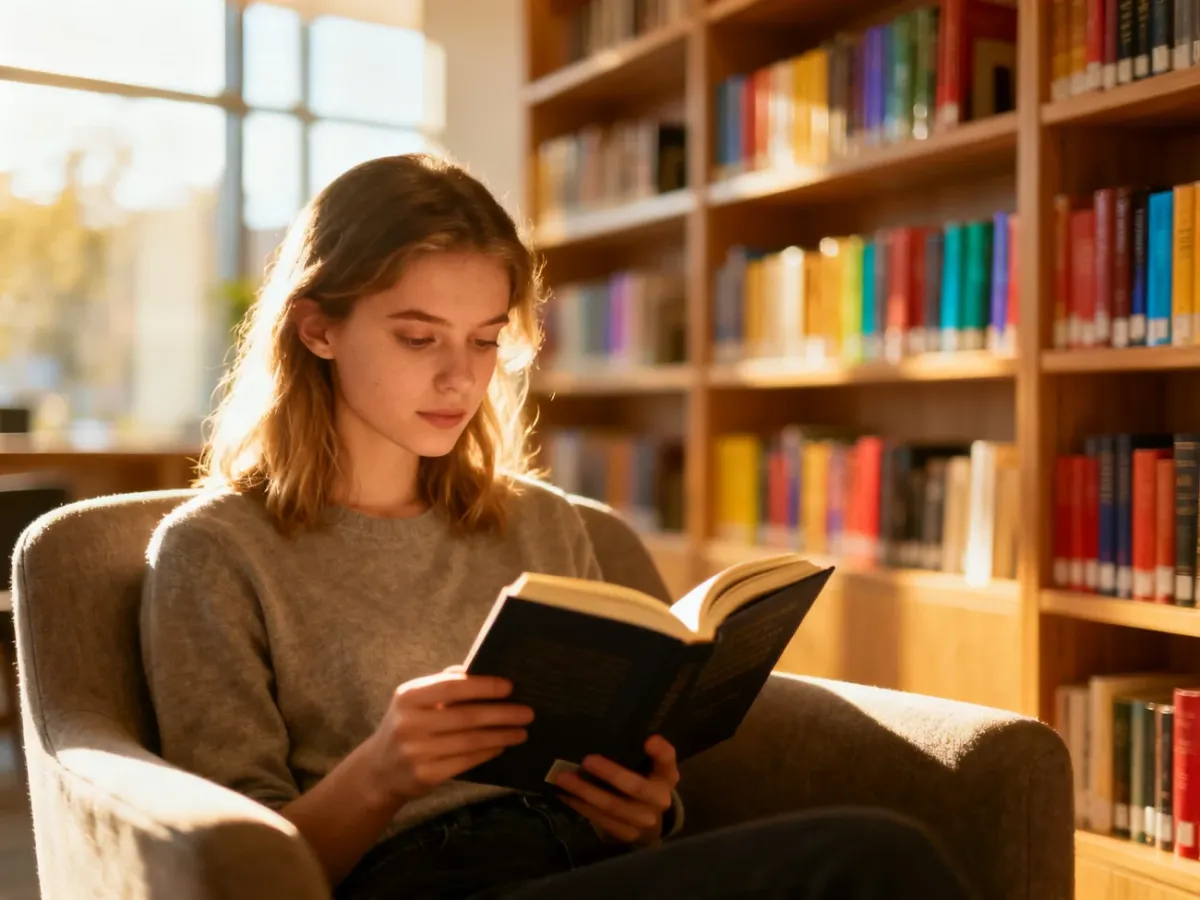 Młoda kobieta czytająca książkę w przytulnym, słonecznym kąciku biblioteki, zachęcająca do lektury literatury młodzieżowej.