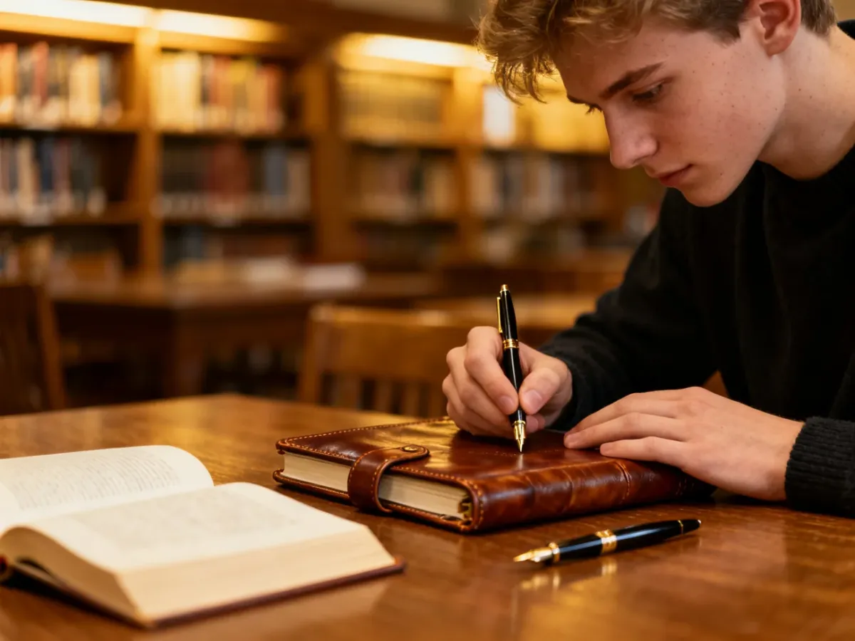 Uczeń zapisuje notatki w skórzanym dzienniku lektur przy biurku w przytulnej bibliotece.