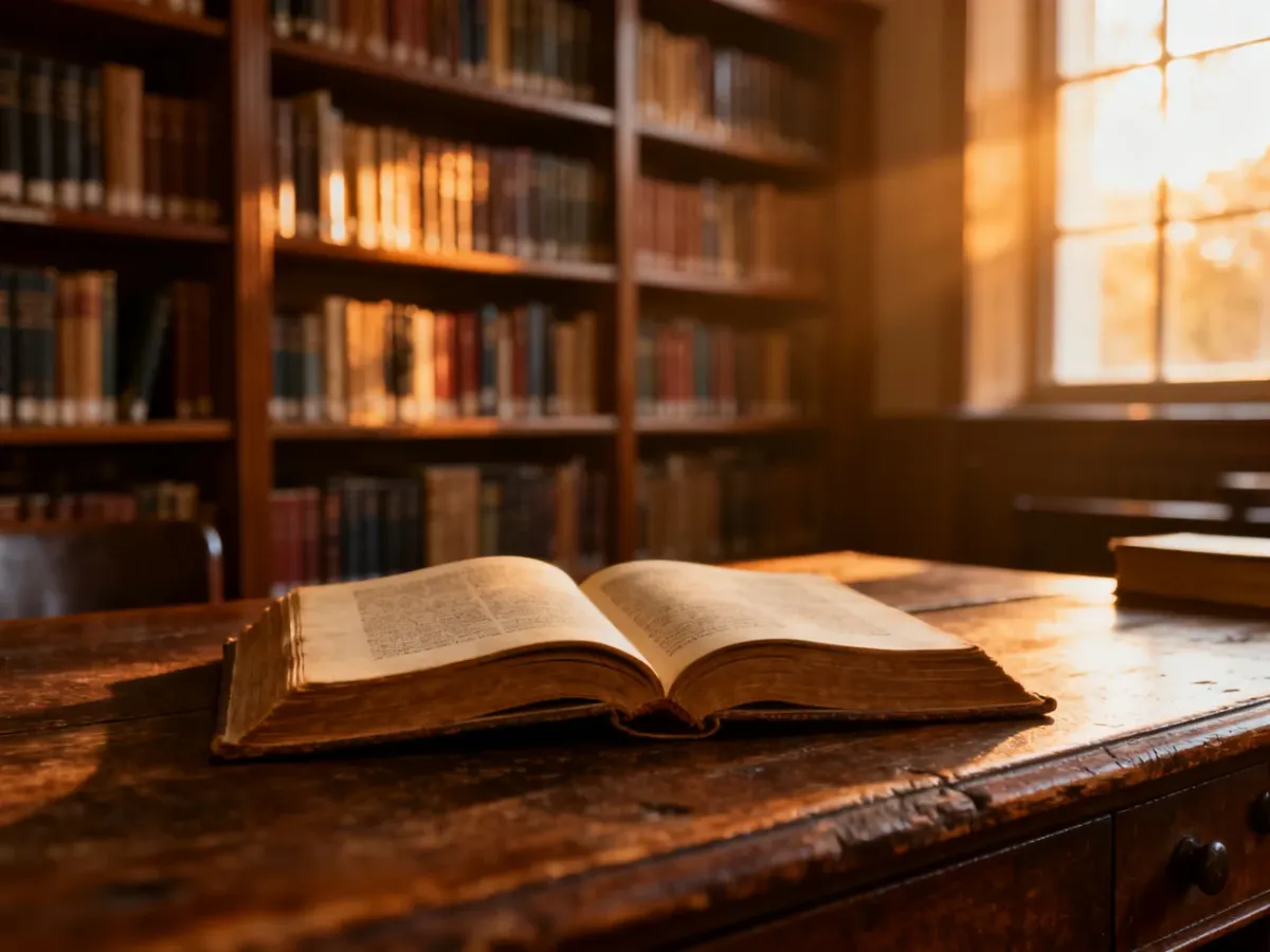 Otwarta zabytkowa książka na drewnianym biurku w przytulnej bibliotece oświetlonej ciepłym światłem słonecznym.