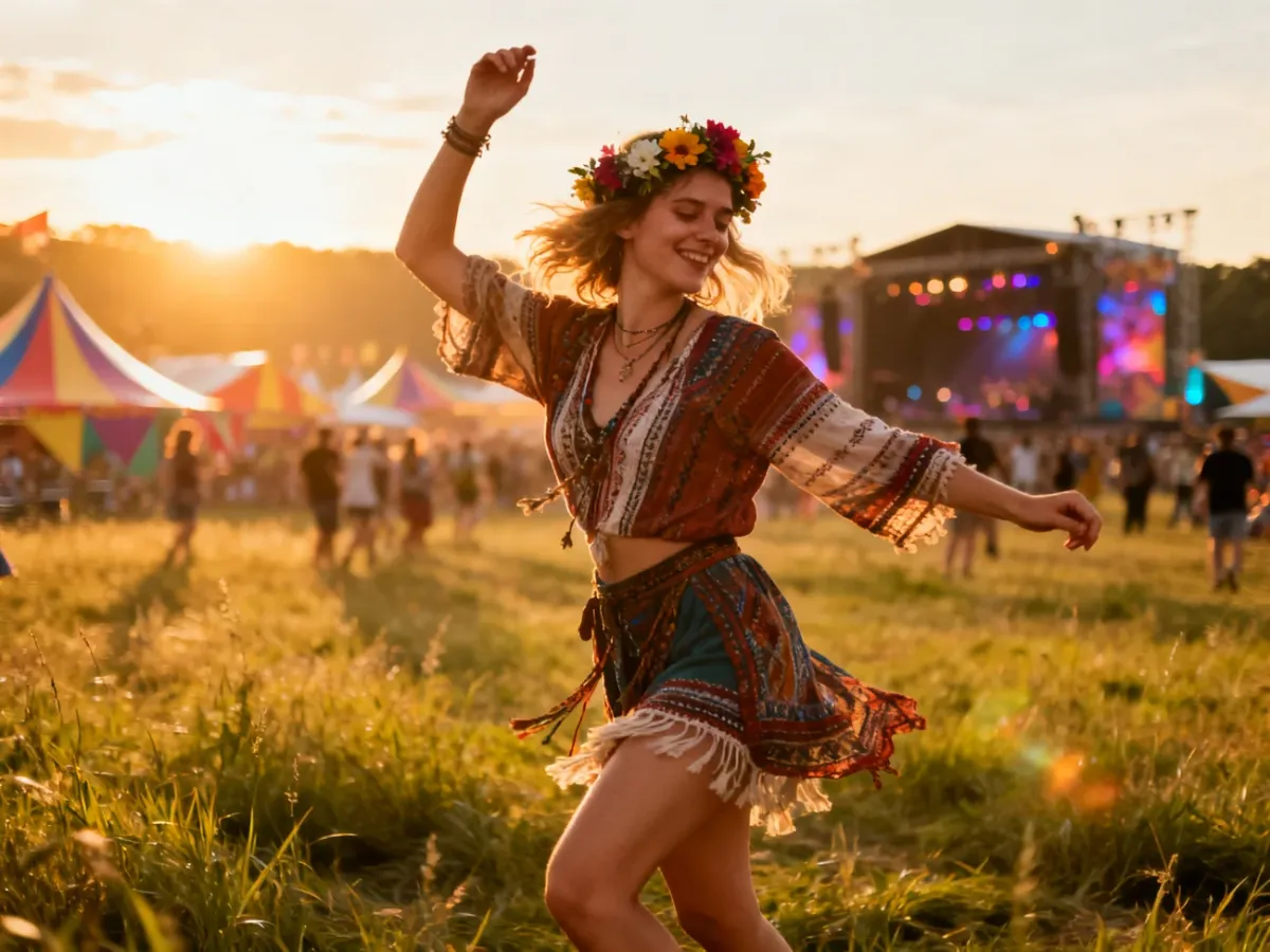 Uśmiechnięta kobieta w stylu boho tańczy na festiwalu muzycznym w promieniach zachodzącego słońca.