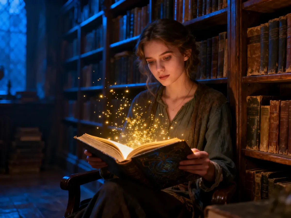 Młoda kobieta czyta magiczną, świecącą książkę w przytulnej bibliotece, co podkreśla pasję do literatury fantasy.
