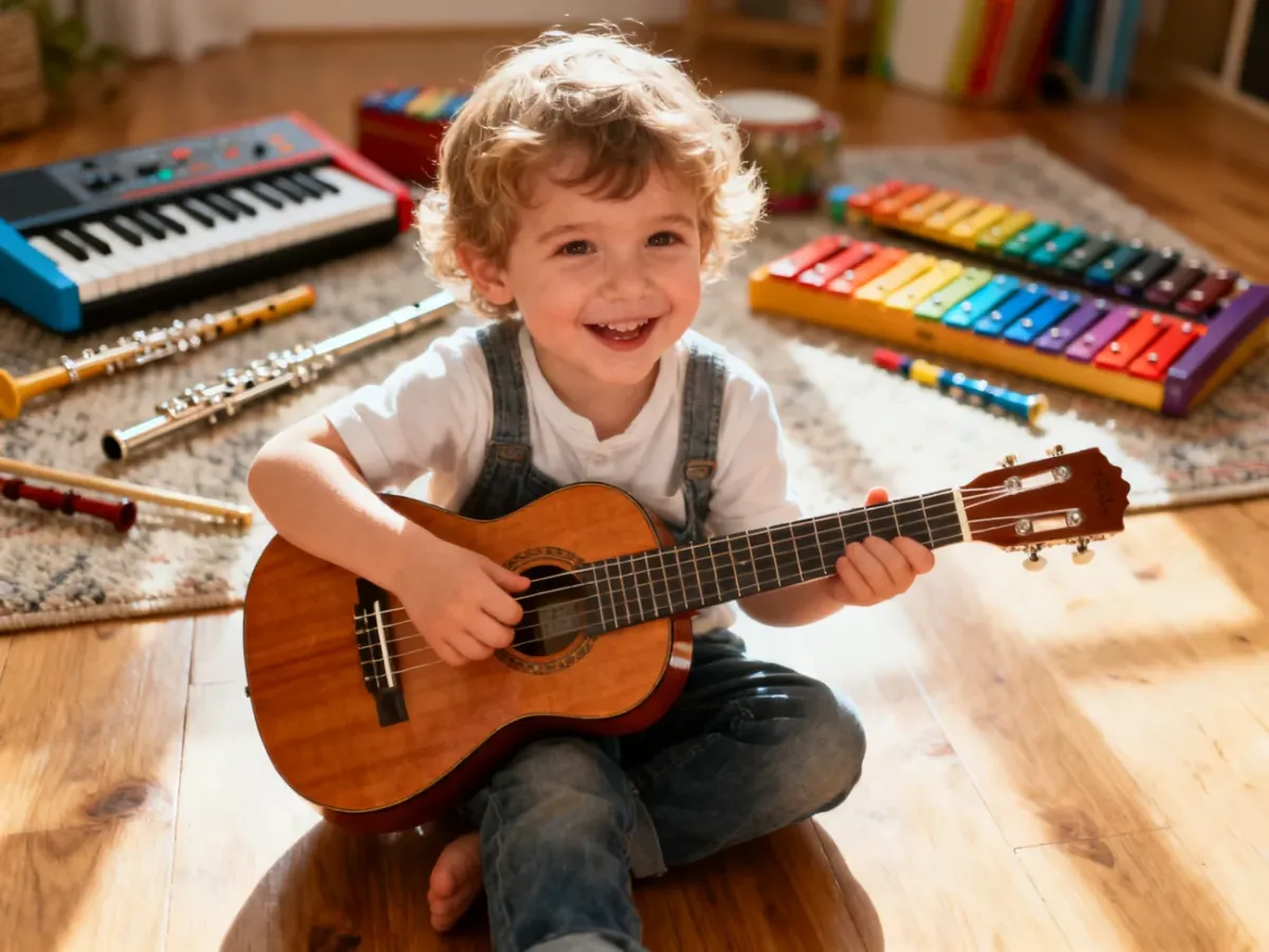 Dziecko siedzące na podłodze i z radością trzymające małą gitarę akustyczną w otoczeniu innych instrumentów muzycznych.