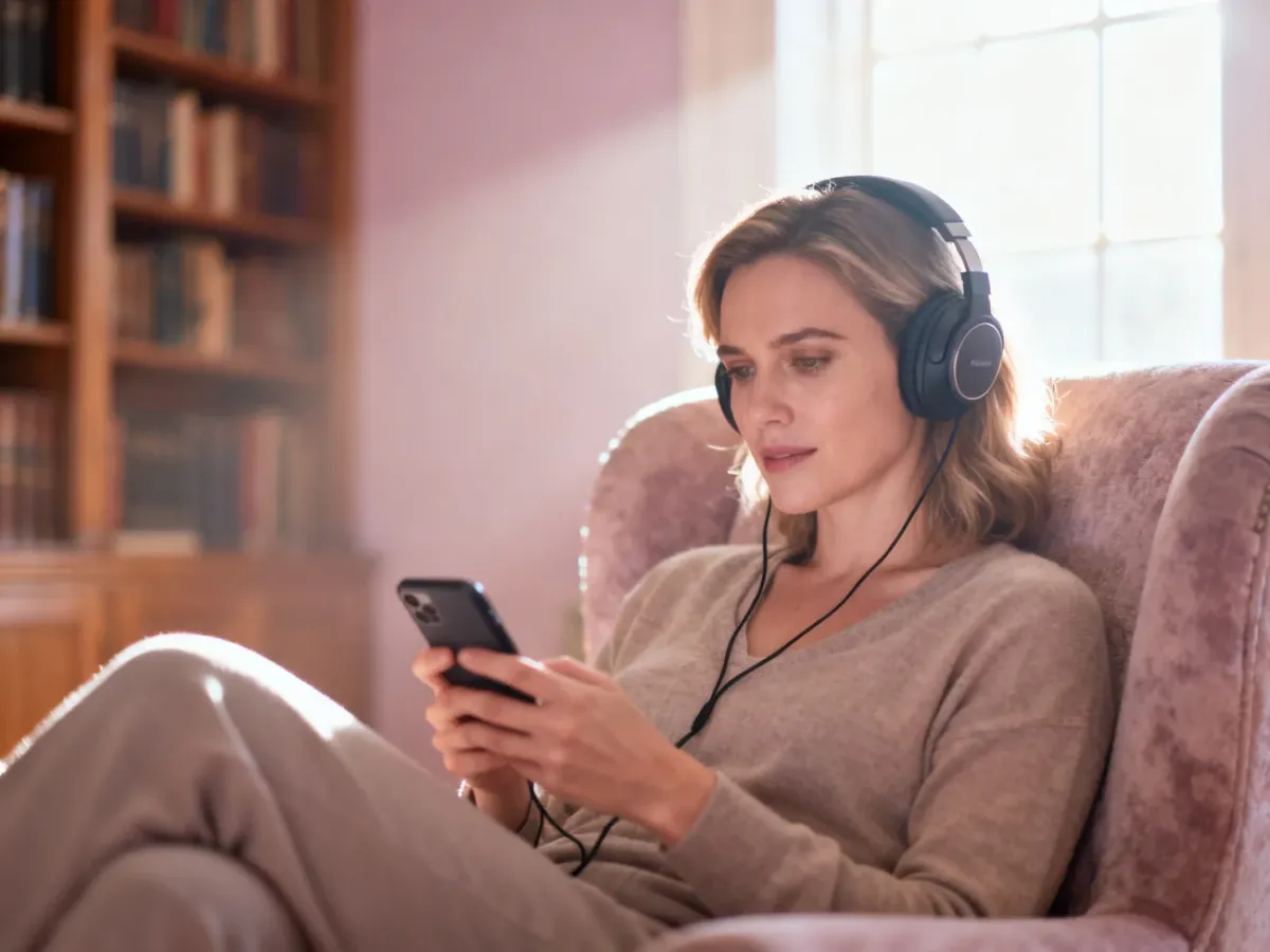 Kobieta w słuchawkach relaksuje się w fotelu z telefonem w dłoni, słuchając audiobooka w przytulnej domowej biblioteczce.