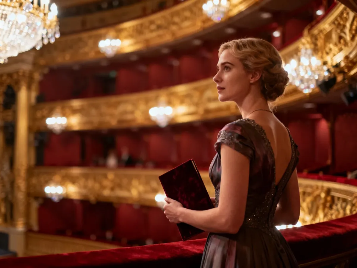 Elegancka kobieta w wieczorowej sukni trzyma program w zabytkowym, bogato zdobionym wnętrzu teatru.