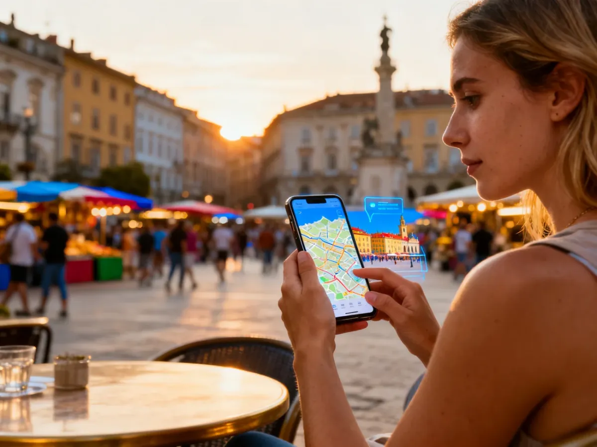 Kobieta sprawdza mapę w smartfonie na tle tętniącego życiem miejskiego rynku, szukając lokalnych wydarzeń.