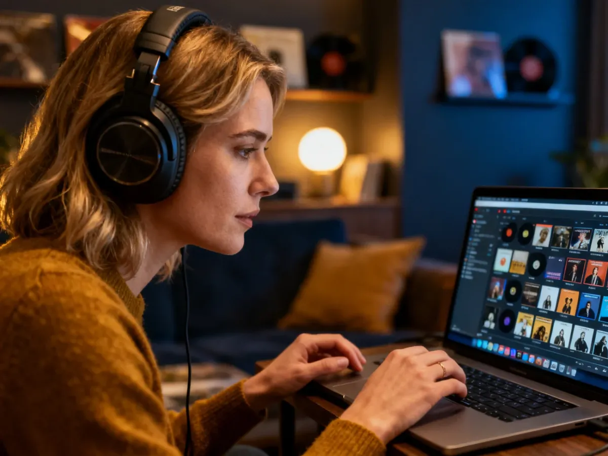 Kobieta w słuchawkach skupiona na tworzeniu playlisty na laptopie w przytulnym, nastrojowym wnętrzu.