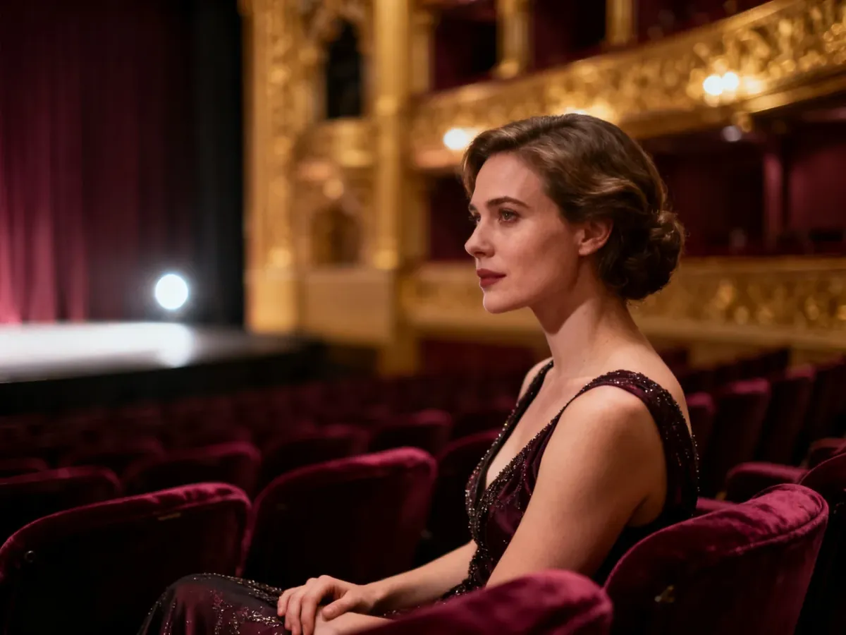 Elegancka kobieta w wieczorowej kreacji siedzi w loży teatralnej, podkreślając podniosłą atmosferę wizyty w teatrze.
