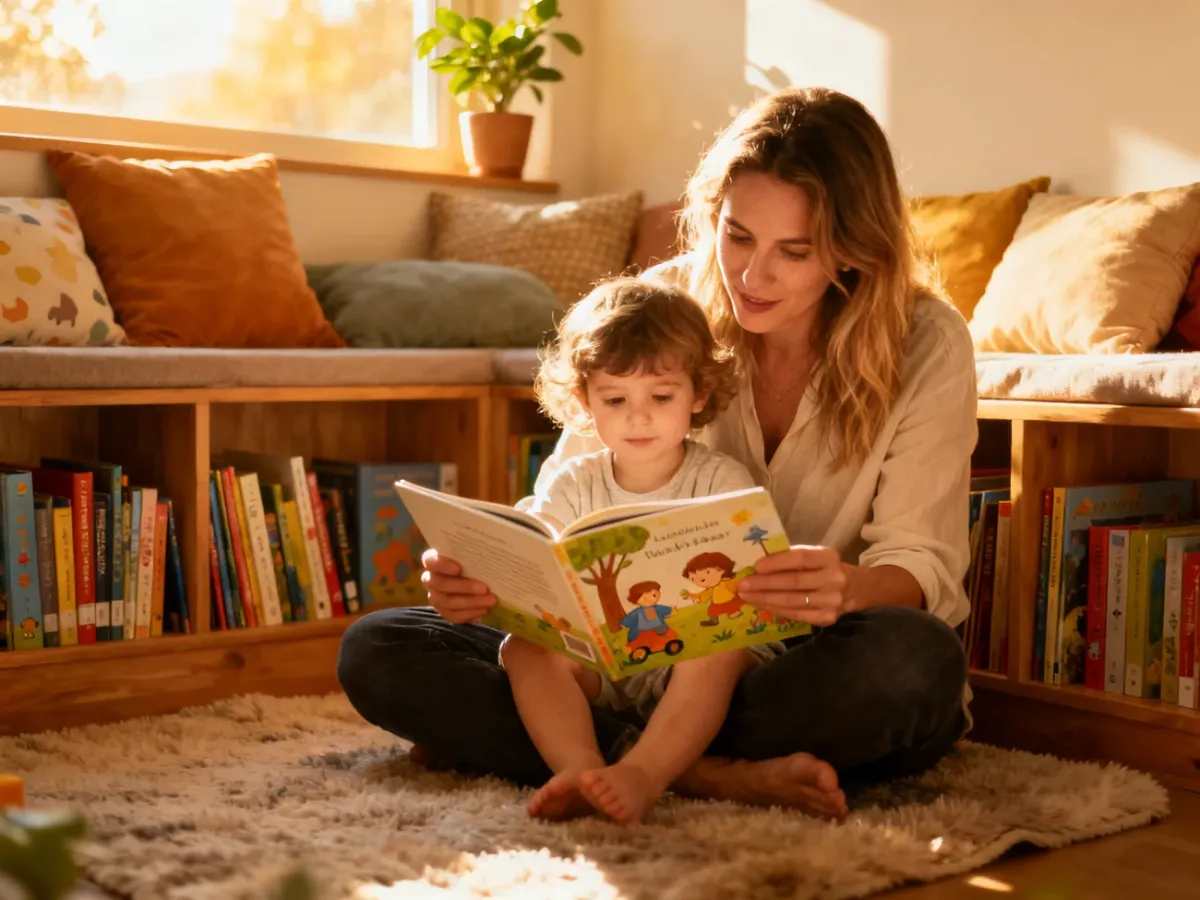 Mama czytająca kolorową książkę swojemu dziecku w przytulnym kąciku czytelniczym pełnym książek.
