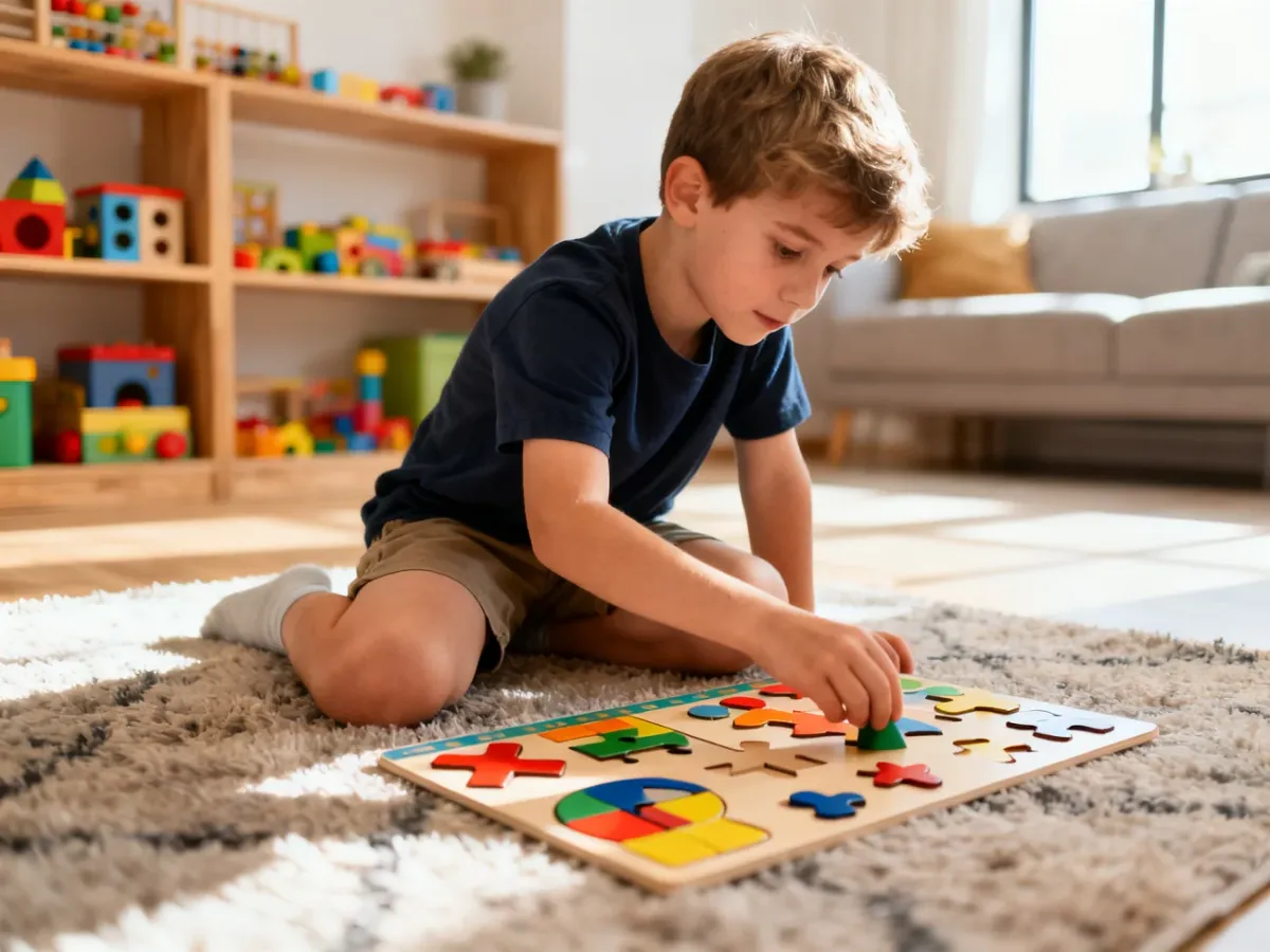 Chłopiec skupiony na układaniu edukacyjnych puzzli w przytulnym, słonecznym pokoju pełnym zabawek rozwijających umiejętności.