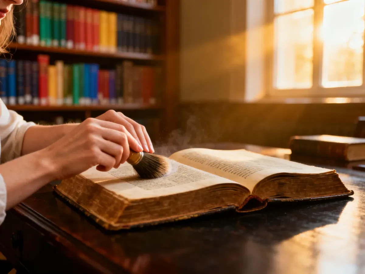 Dłonie delikatnie czyszczą miękkim pędzlem stronę starej książki na drewnianym biurku w przytulnej bibliotece.