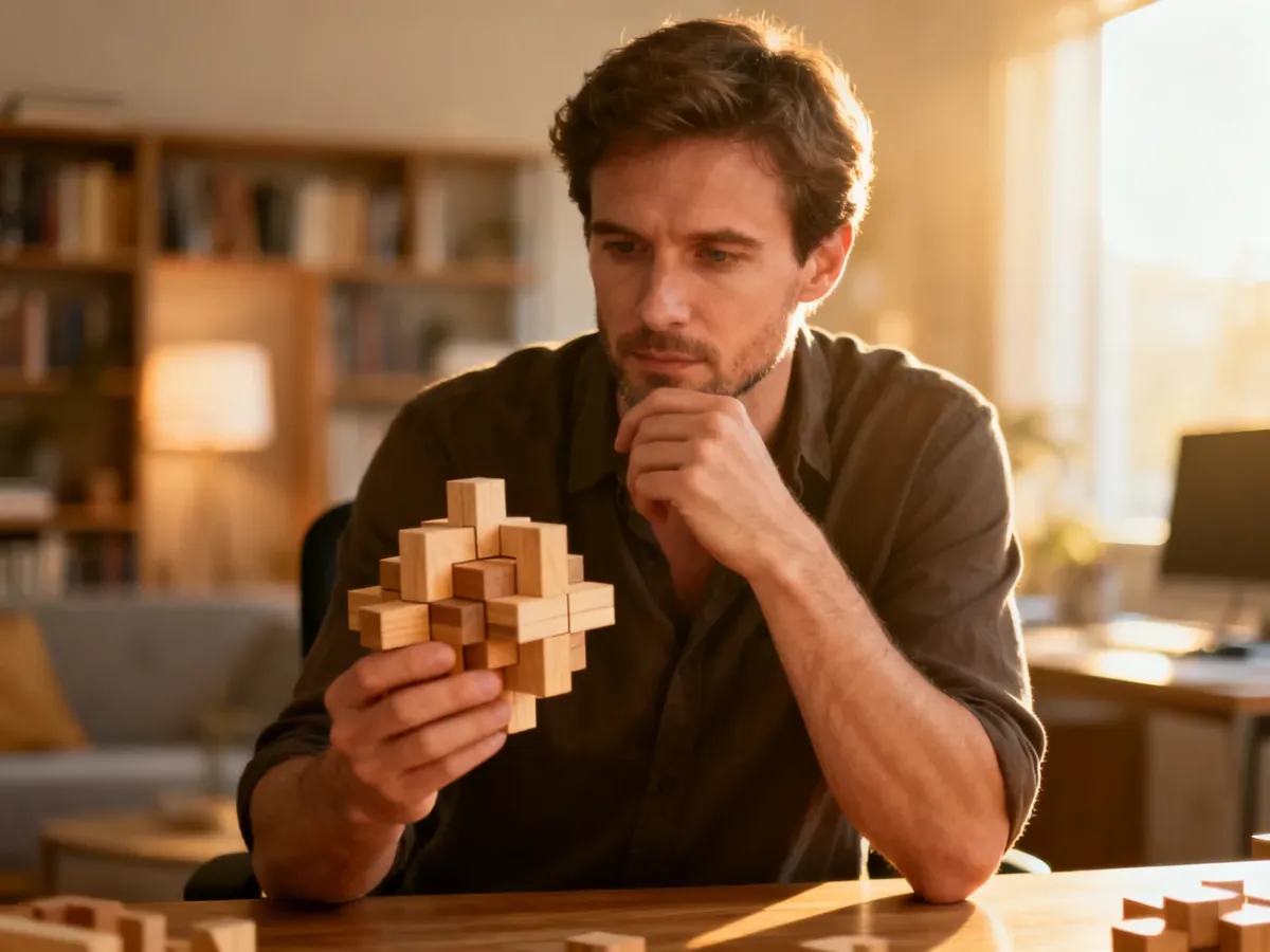 Mężczyzna w nowoczesnym biurze skupiony na układaniu drewnianych puzzli 3D, co sprzyja treningowi logicznego myślenia.