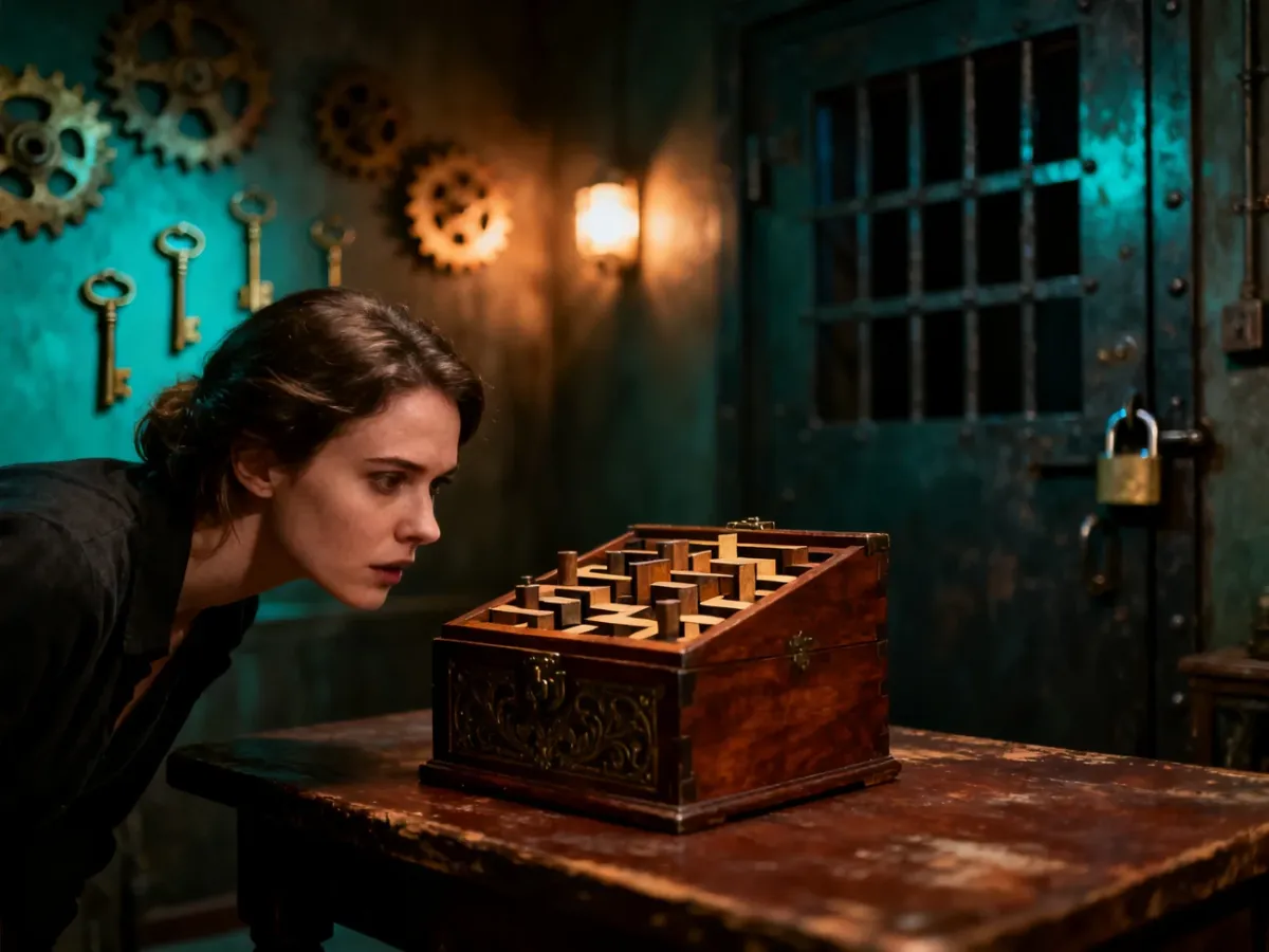 Kobieta rozwiązuje zagadkę przy drewnianej skrzynce w klimatycznym wnętrzu escape roomu z tajemniczymi rekwizytami.