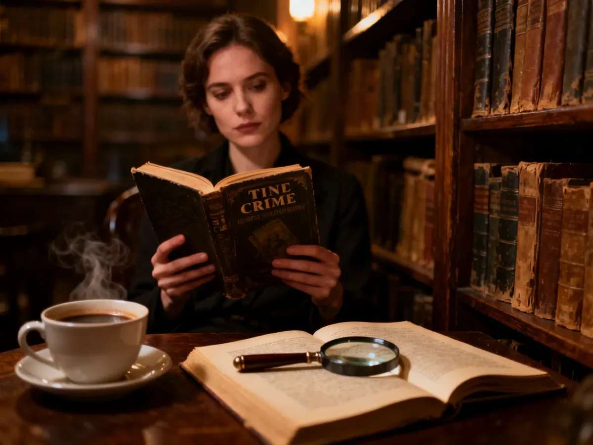 Kobieta czytająca kryminał w przytulnej bibliotece z kawą i lupą, budująca nastrojowy klimat dla miłośników literatury.