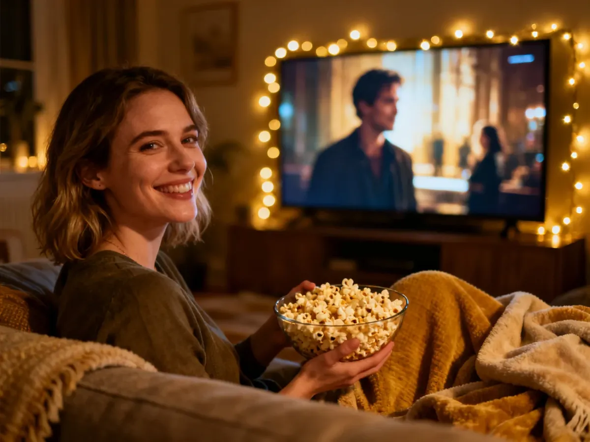 Kobieta z miską popcornu siedzi na wygodnej kanapie w przytulnym salonie, przygotowując się do domowego seansu filmowego.