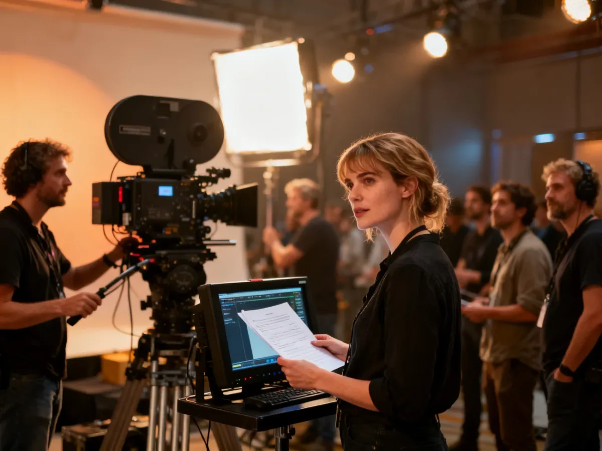 Reżyserka z gotowym scenariuszem nadzoruje pracę ekipy filmowej na profesjonalnym planie zdjęciowym.