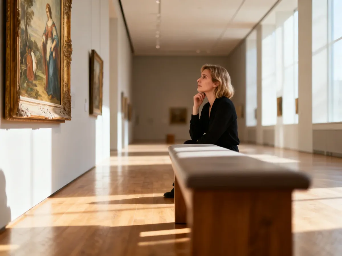 Kobieta w skupieniu ogląda obraz w nowoczesnej galerii sztuki, korzystając z wizyty w muzeum.