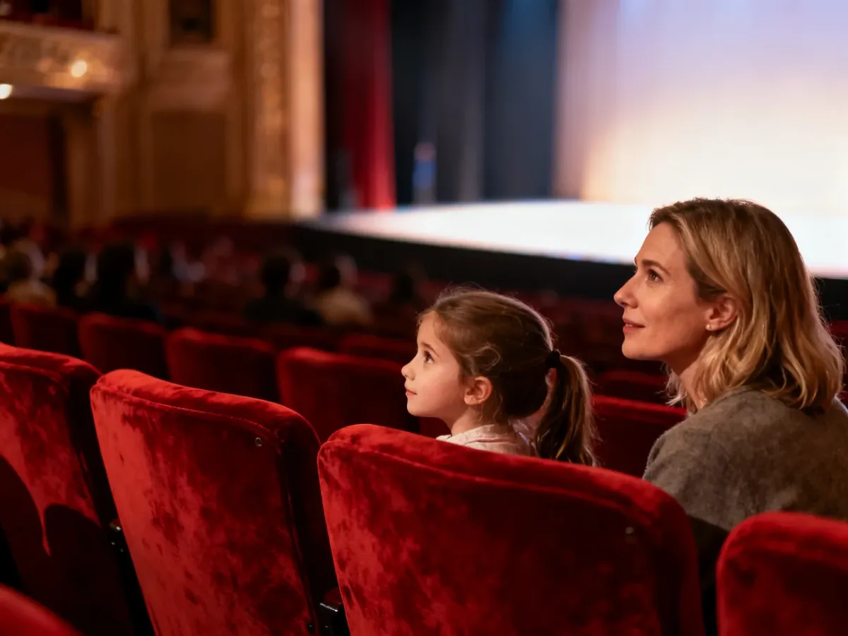 Mama z córką siedzą w czerwonym fotelu teatralnym, z zaciekawieniem obserwując oświetloną scenę przed spektaklem.