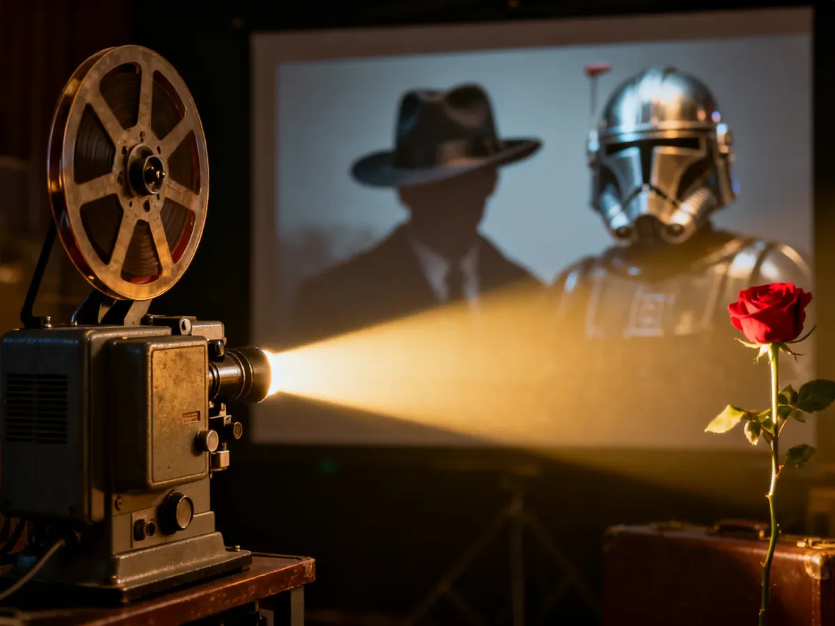 Projektor filmowy rzucający światło na ekran w otoczeniu symboli różnych gatunków filmowych, takich jak kryminał czy romans.