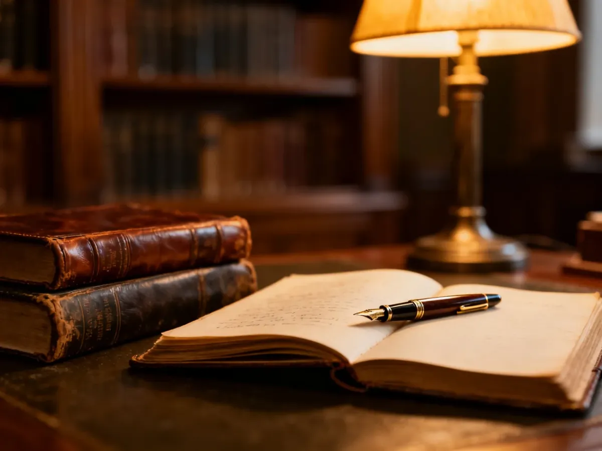 Otwarte notatnik i pióro na tle regałów z książkami, symbolizujące proces tworzenia literatury faktu.