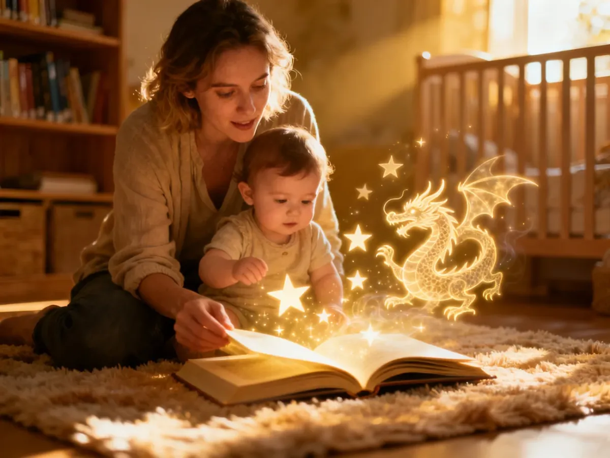 Kobieta czytająca dziecku książkę, z której wydobywa się magiczne światło, pobudzające wyobraźnię podczas wspólnej lektury.