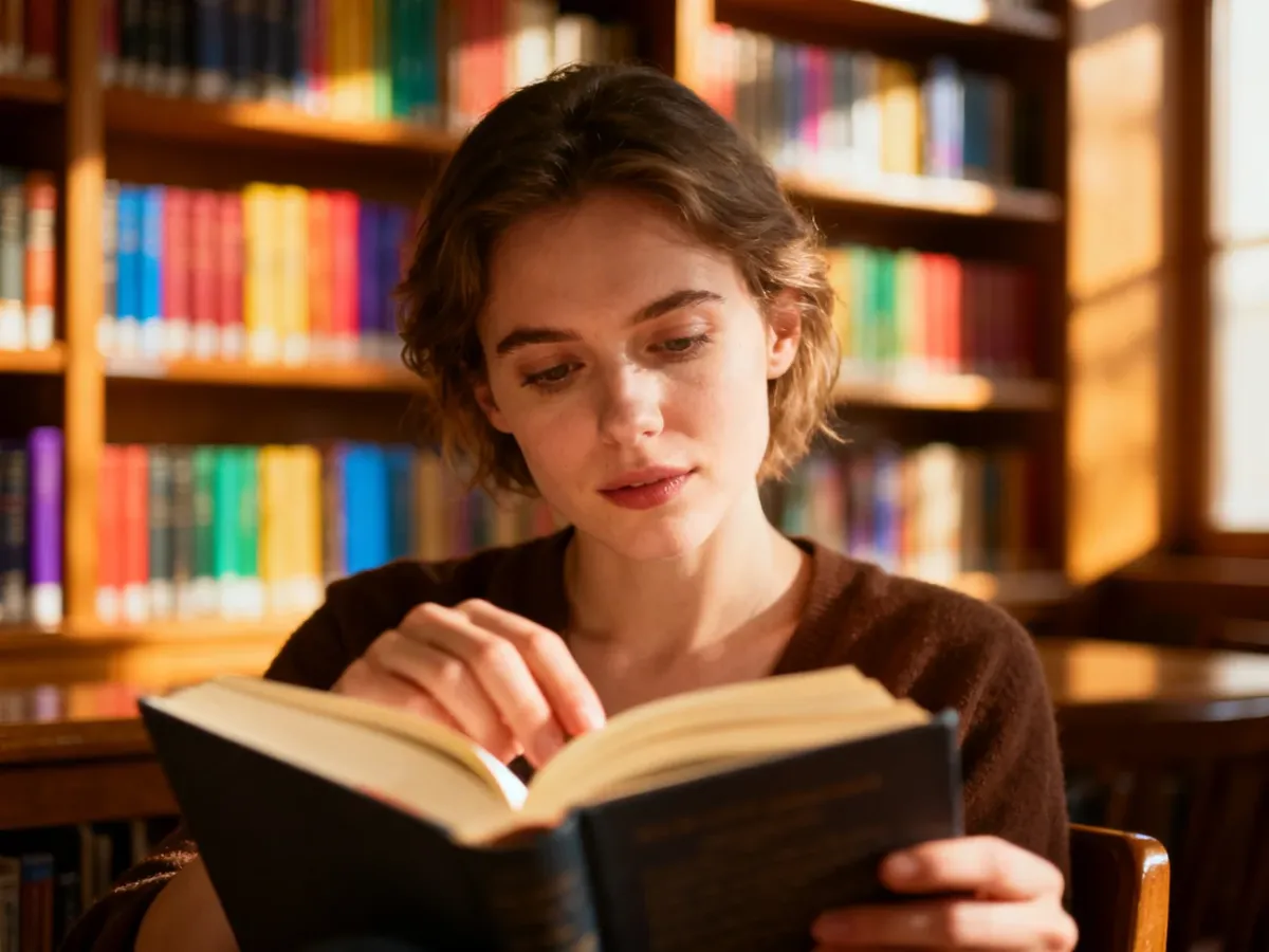 Kobieta czytająca książkę w przytulnej, słonecznej bibliotece, otoczona regałami z literaturą.