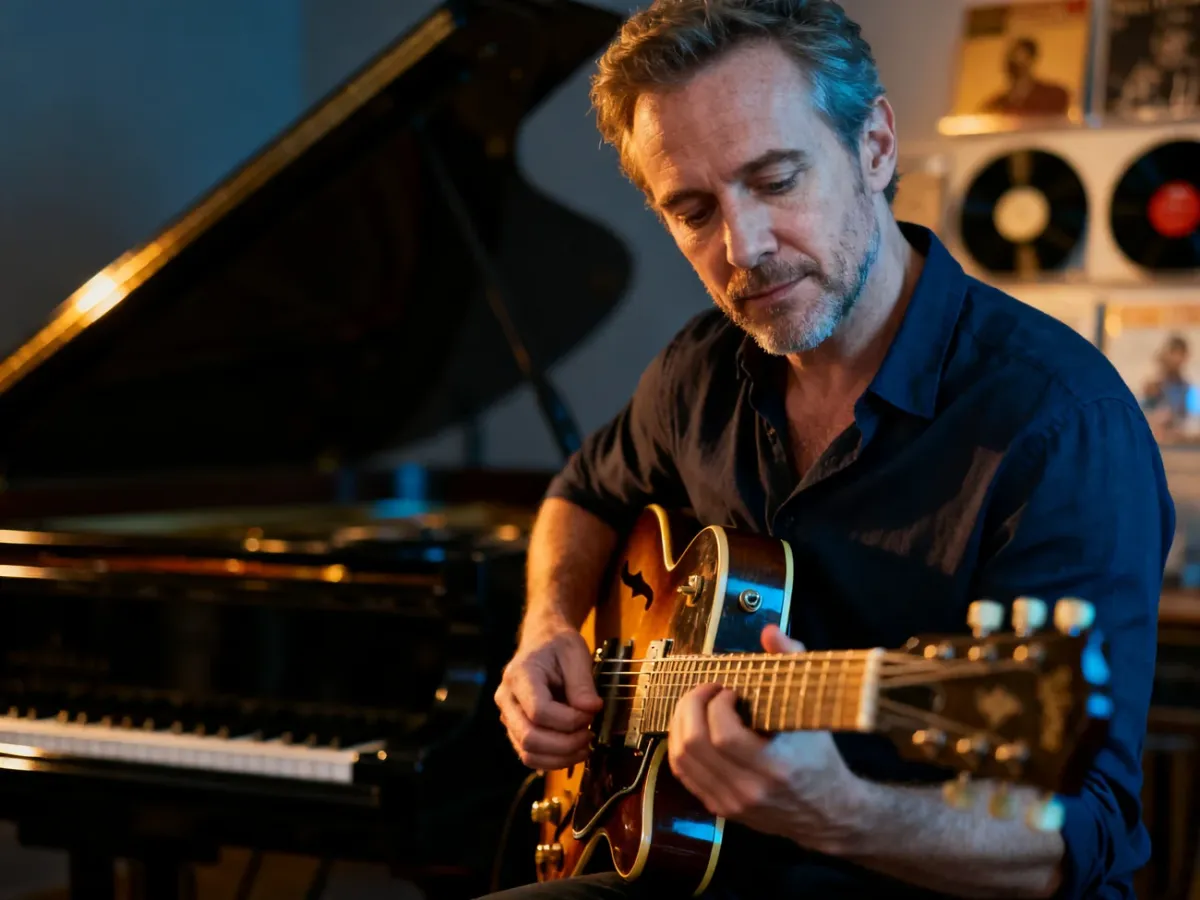 Muzyk grający na gitarze elektrycznej w profesjonalnym studiu w otoczeniu instrumentów muzycznych.